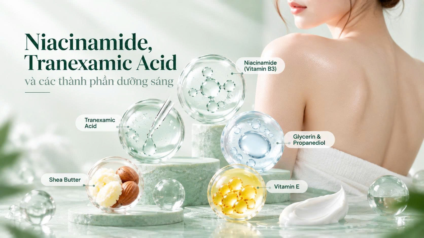 Niacinamide, Tranexamic Acid và các thành phần dưỡng ẩm trong chăm sóc body